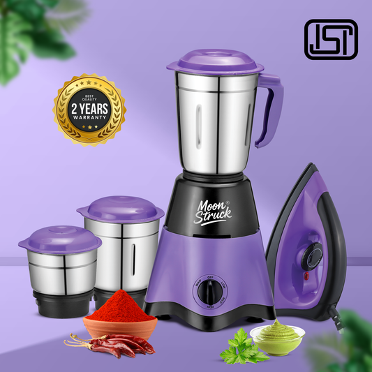 Moonstruck Skye 750W Mixer Grinder + Dry Iron Combo | 3 Jars | HeatShield Motor | SpiceCrush Technology | ISI Certified | 2 Year Warranty (Blue)