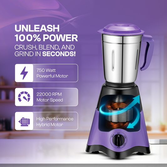 Moonstruck Dusk 750W Mixer Grinder | 4 Jars | HeatShield Motor | SpiceCrush Technology | LiveView Chutney Jar | ISI Certified | 2 Year Warranty (Purple)