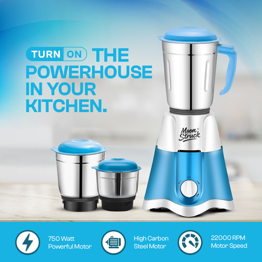 Moonstruck Skye 750W Mixer Grinder | 3 Jars | HeatShield Motor | SpiceCrush Technology | LiveView Chutney Jar | ISI Certified | 2 Year Warranty (Blue)