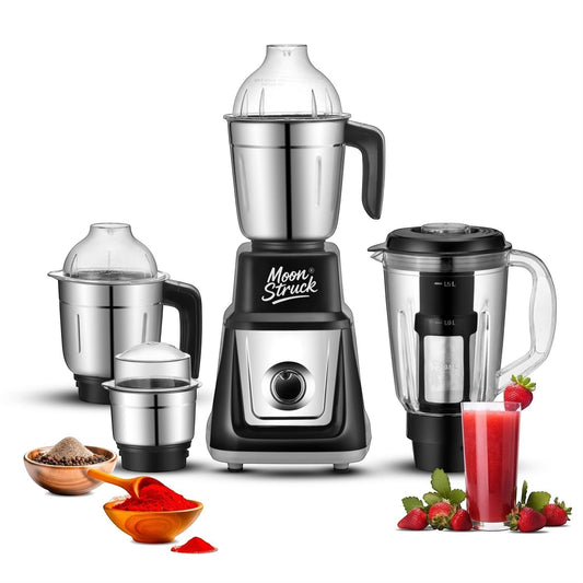 Moonstruck black 1000W juicer mixer grinder with 4 stainless steel jars, seed extractor, and a glass of strawberry juice.