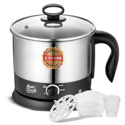 Moonstruck Multipurpose Electric Kettle – 1.5L Stainless Steel Multi Cooker for Boiling, Heating & Keeping Warm (Silver & Black)