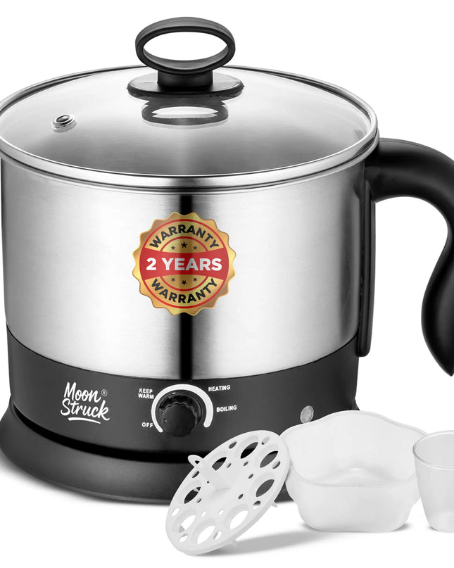 Moonstruck Multipurpose Electric Kettle – 1.5L Stainless Steel Multi Cooker for Boiling, Heating & Keeping Warm (Silver & Black)