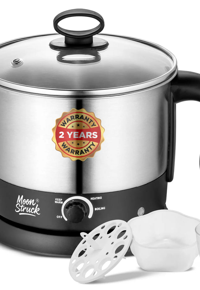 Moonstruck Multipurpose Electric Kettle – 1.5L Stainless Steel Multi Cooker for Boiling, Heating & Keeping Warm (Silver & Black)