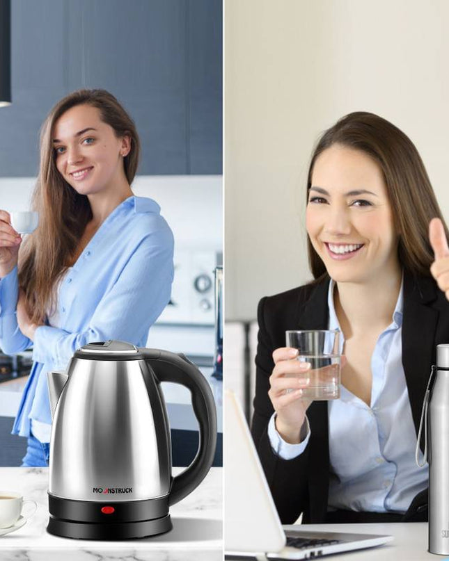 Moonstruck 1500W Fast Heating 1.8L Stainless Steel Electric Kettle with Auto Cut-Off + 1L Stainless Steel Bottle