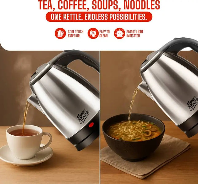 Moonstruck 1500W Electric Kettle (1.8L) with 2 x 1L Stainless Steel Bottles – Fast Boil, Auto Cut-Off, Durable Steel Combo