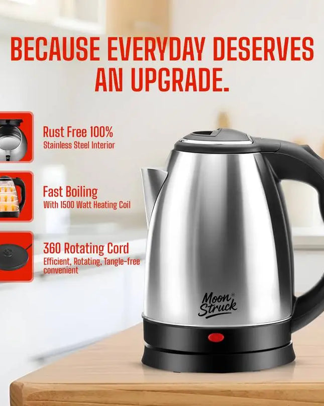 Moonstruck 1500W Electric Kettle (1.8L) with 2 x 1L Stainless Steel Bottles – Fast Boil, Auto Cut-Off, Durable Steel Combo