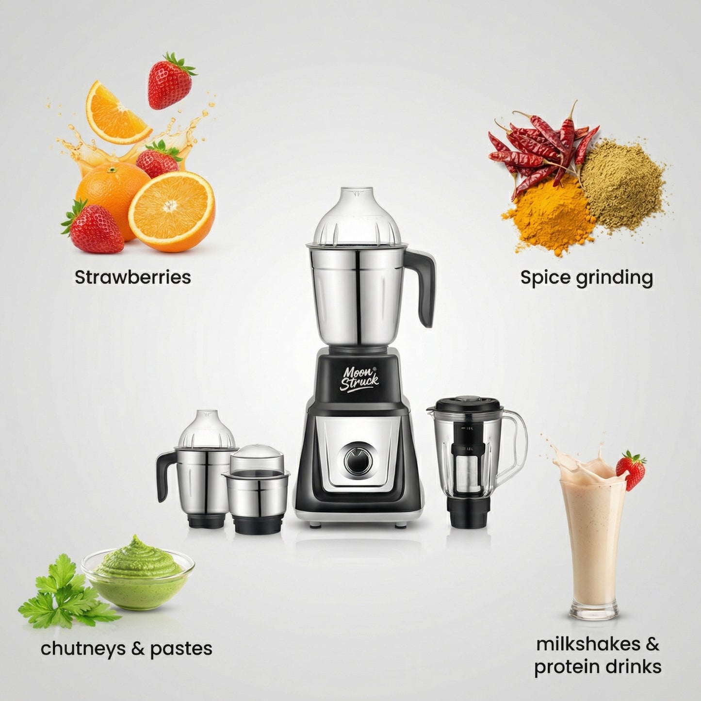 Moonstruck MegaMixer 1000W Juicer Mixer Grinder | 5 Jars | StealthDrive Motor | 2L Juicer Jar with Seed Extractor | LiveView Jar FREE | ISI Certified (Black)