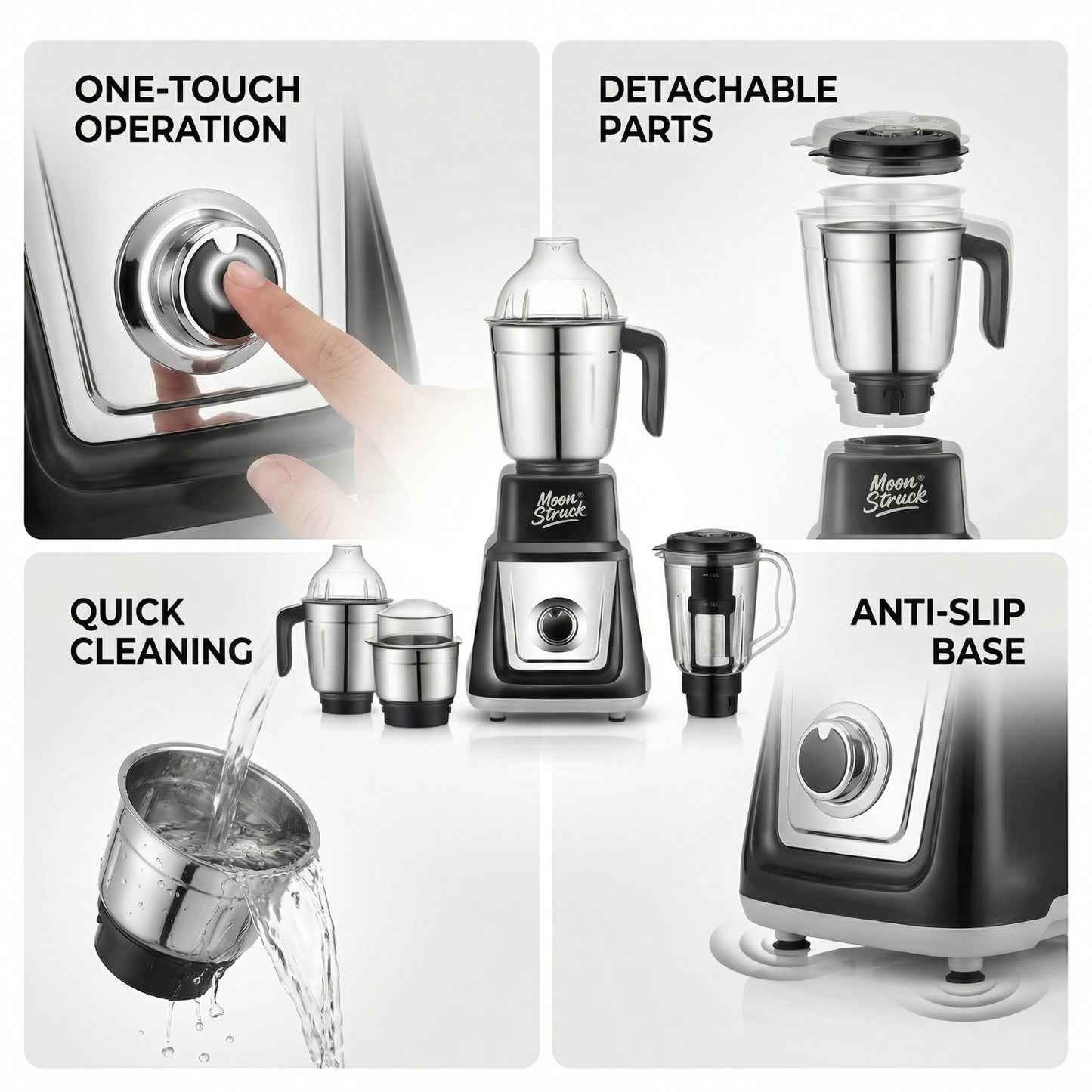 Moonstruck MegaMixer 1000W Juicer Mixer Grinder | 5 Jars | StealthDrive Motor | 2L Juicer Jar with Seed Extractor | LiveView Jar FREE | ISI Certified (Black)