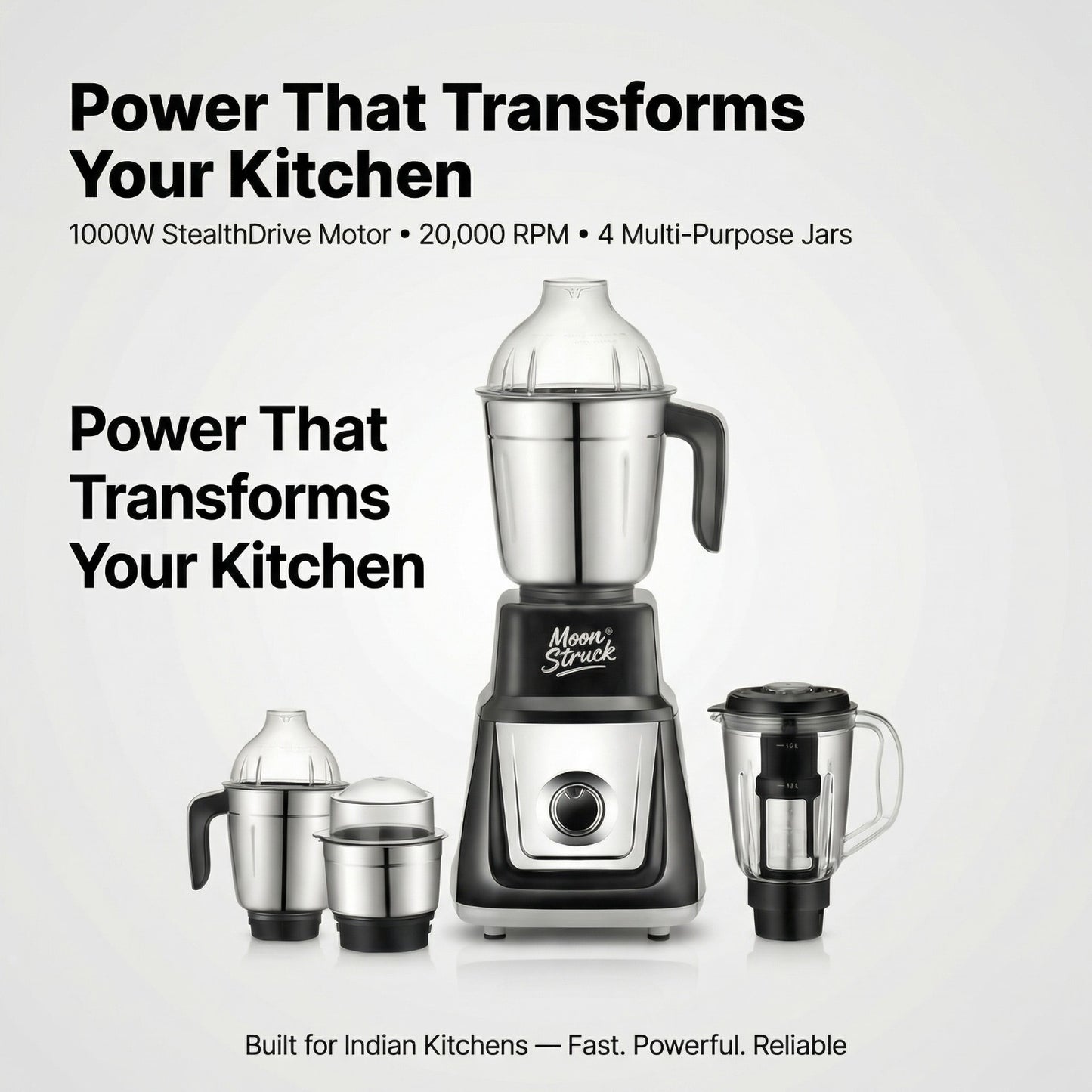 Moonstruck MegaMixer 1000W Juicer Mixer Grinder | 5 Jars | StealthDrive Motor | 2L Juicer Jar with Seed Extractor | LiveView Jar FREE | ISI Certified (Black)