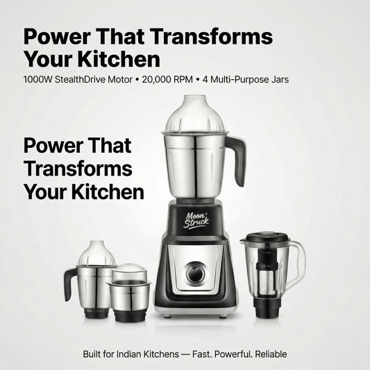 Moonstruck MegaMixer 1000W Juicer Mixer Grinder | 5 Jars | StealthDrive Motor | 2L Juicer Jar with Seed Extractor | LiveView Jar FREE | ISI Certified (Black)