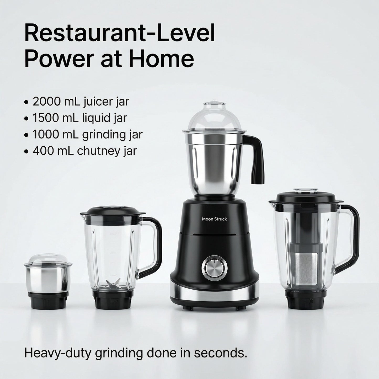 Moonstruck MegaMixer 1000W Juicer Mixer Grinder | 5 Jars | StealthDrive Motor | 2L Juicer Jar with Seed Extractor | LiveView Jar FREE | ISI Certified (Black)