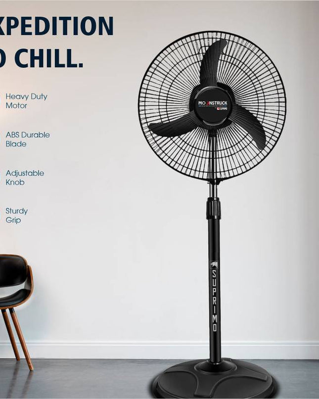 Moonstruck Suprimo 430 mm High-Speed 3-Blade Pedestal Fan – Energy-Saving & Anti-Dust Design (Black)