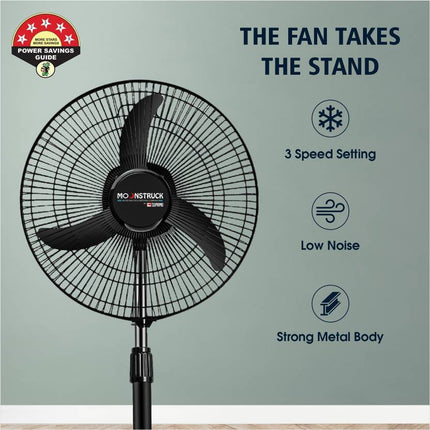 Moonstruck Suprimo 430 mm High-Speed 3-Blade Pedestal Fan – Energy-Saving & Anti-Dust Design (Black)