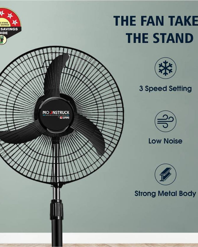 Moonstruck Suprimo 430 mm High-Speed 3-Blade Pedestal Fan – Energy-Saving & Anti-Dust Design (Black)