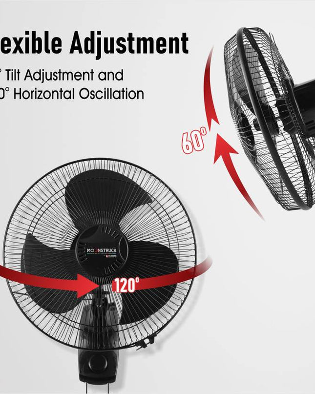 Moonstruck High-Performance Silent Wall Fan | 400 mm, Stylish Design, 2-Year Warranty (Black)