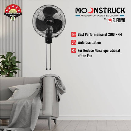 Moonstruck High-Performance Silent Wall Fan | 400 mm, Stylish Design, 2-Year Warranty (Black)
