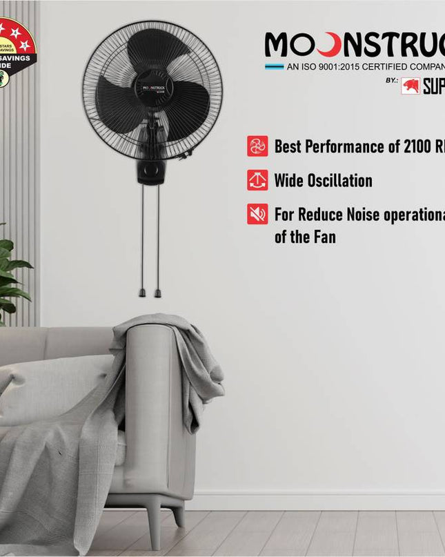Moonstruck High-Performance Silent Wall Fan | 400 mm, Stylish Design, 2-Year Warranty (Black)