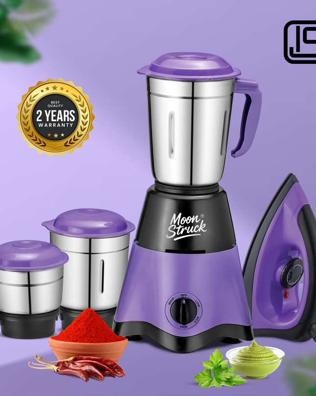 Moonstruck 750 Watt 3 Jar Mixer Grinder with Worth Rs 500 Dry Iron Free - Purple