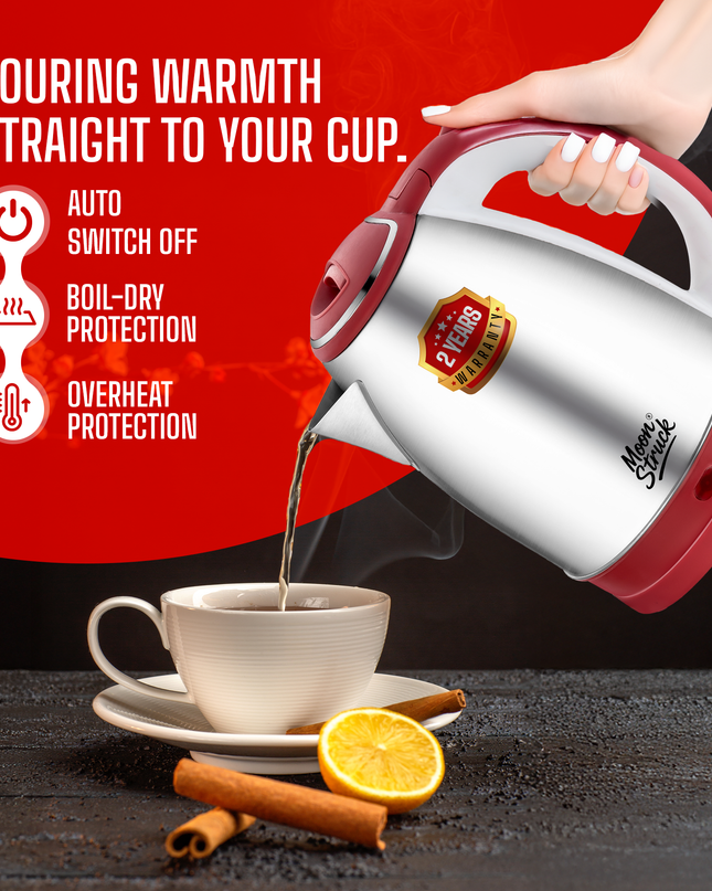 Moonstruck 1.8L Stainless Steel Electric Kettle – Fast Boil, Auto Cut-Off, 1500W (Red, 1.8L)