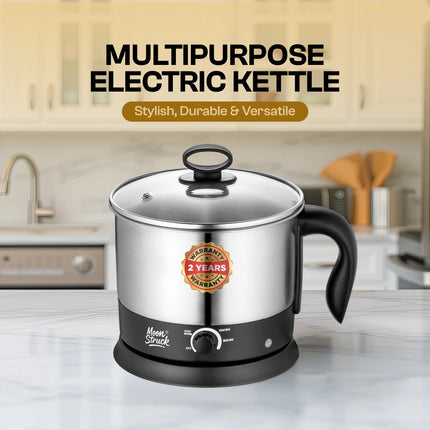 Moonstruck Multipurpose Electric Kettle – 1.5L Stainless Steel Multi Cooker for Boiling, Heating & Keeping Warm (Silver & Black)