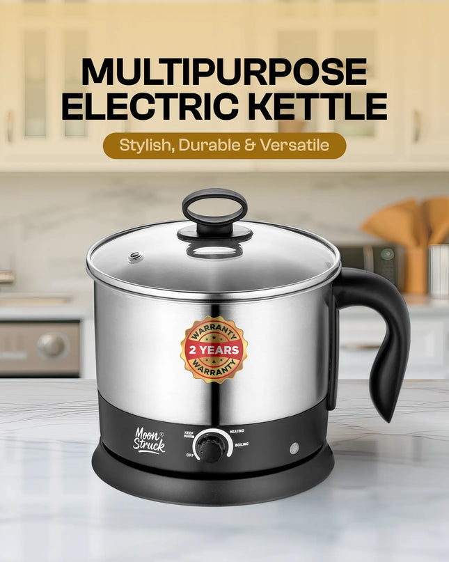 Moonstruck Multipurpose Electric Kettle – 1.5L Stainless Steel Multi Cooker for Boiling, Heating & Keeping Warm (Silver & Black)