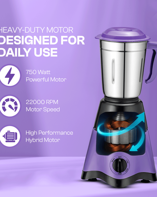 Moonstruck 750 Watt 3 Jar Mixer Grinder with Worth Rs 500 Dry Iron Free - Purple