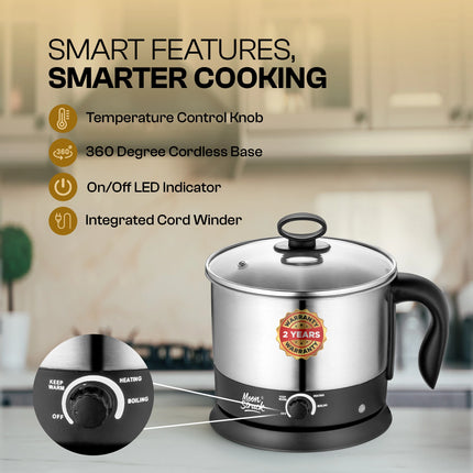Moonstruck Multipurpose Electric Kettle – 1.5L Stainless Steel Multi Cooker for Boiling, Heating & Keeping Warm (Silver & Black)
