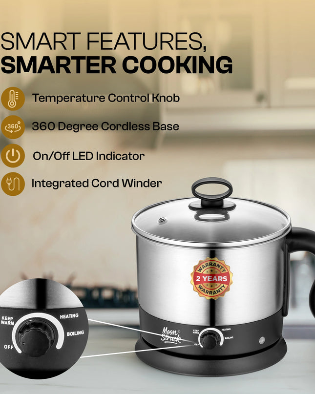Moonstruck Multipurpose Electric Kettle – 1.5L Stainless Steel Multi Cooker for Boiling, Heating & Keeping Warm (Silver & Black)