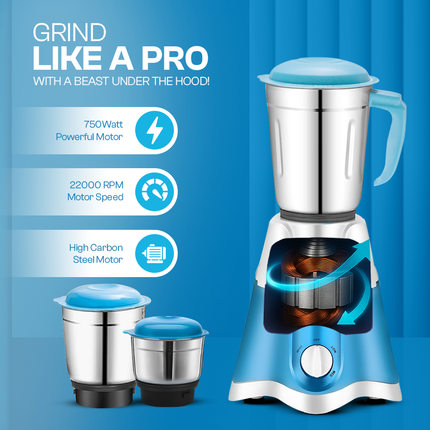 Moonstruck Blue 750 Watt Mixer Grinder with Worth Rs 500 Dry Iron Free