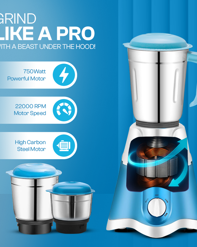 Moonstruck Blue 750 Watt Mixer Grinder with Worth Rs 500 Dry Iron Free