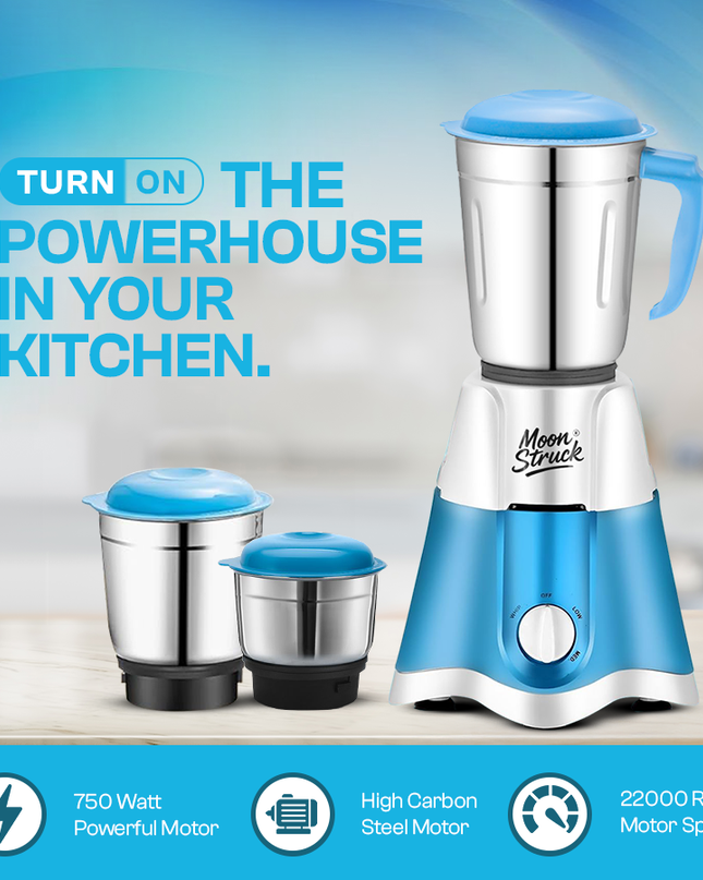 Moonstruck Blue 750 Watt Mixer Grinder 3 Jar