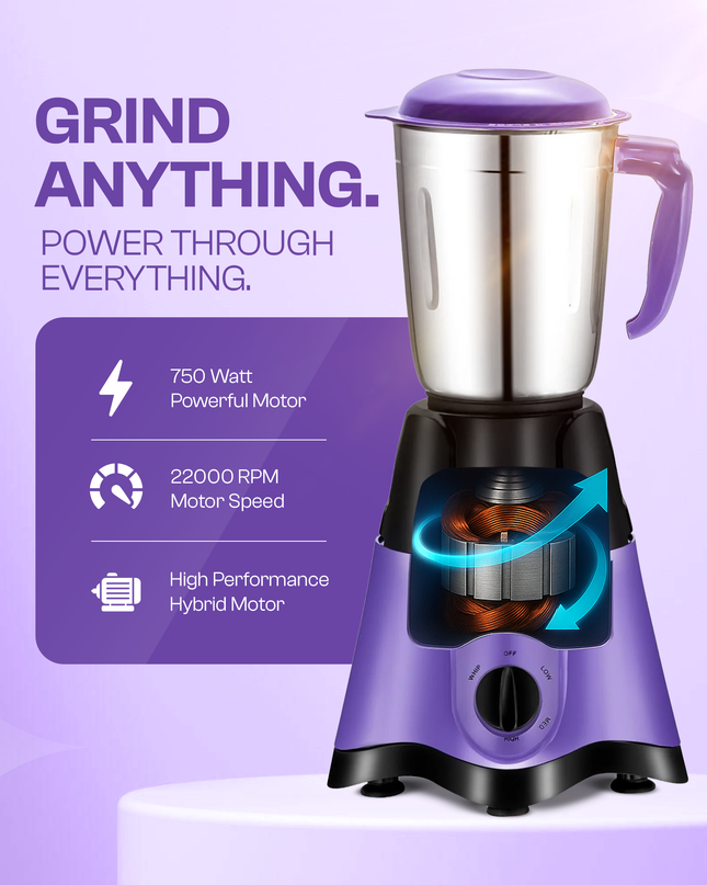 Moonstruck Purple 750 Watt Mixer Grinder with 3 Jars