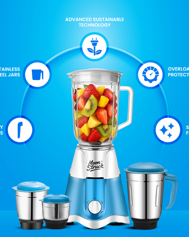 Moonstruck Blue 750 Watt Mixer Grinder with 4 Jars