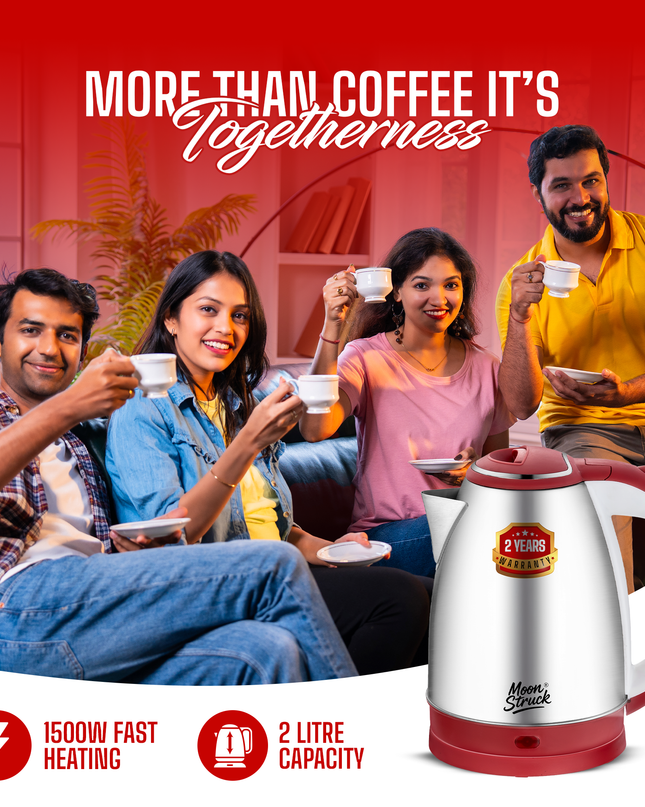 Moonstruck 1.8L Stainless Steel Electric Kettle – Fast Boil, Auto Cut-Off, 1500W (Red, 1.8L)