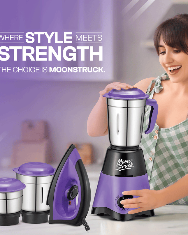 Moonstruck 750 Watt 3 Jar Mixer Grinder with Worth Rs 500 Dry Iron Free - Purple