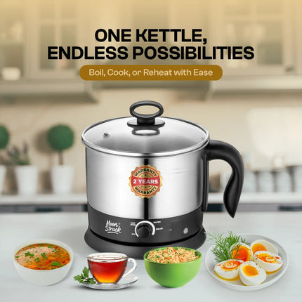 Moonstruck Multipurpose Electric Kettle – 1.5L Stainless Steel Multi Cooker for Boiling, Heating & Keeping Warm (Silver & Black)