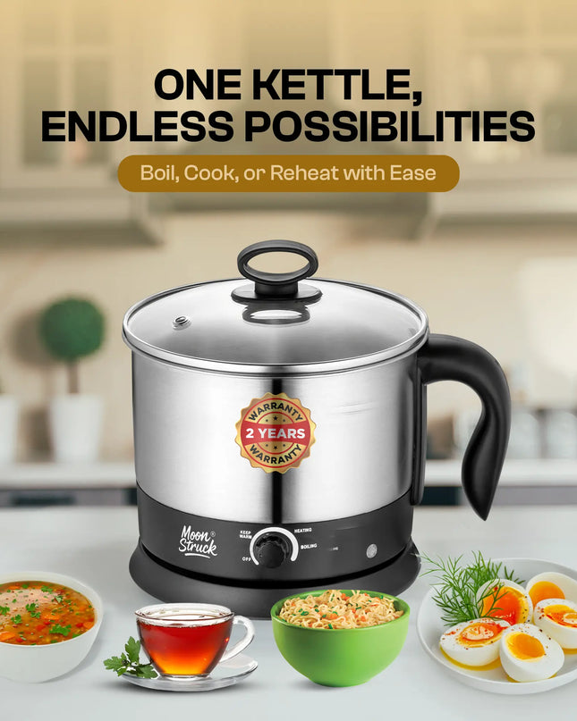 Moonstruck Multipurpose Electric Kettle – 1.5L Stainless Steel Multi Cooker for Boiling, Heating & Keeping Warm (Silver & Black)