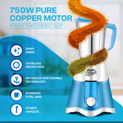 Moonstruck Blue 750 Watt Mixer Grinder 3 Jar