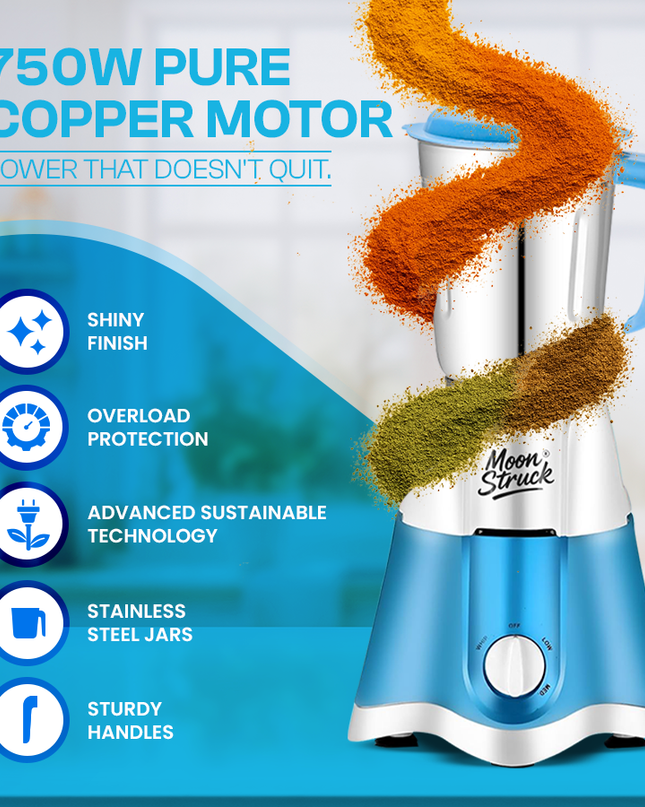 Moonstruck Blue 750 Watt Mixer Grinder 3 Jar