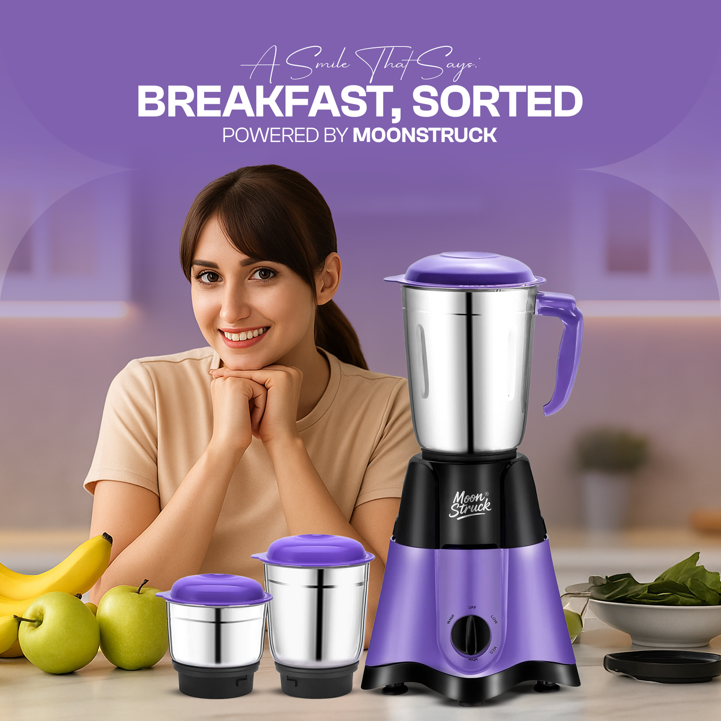 Moonstruck Purple 750 Watt Mixer Grinder with 3 Jars