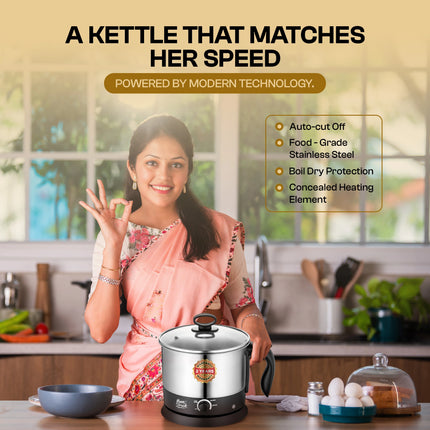 Moonstruck Multipurpose Electric Kettle – 1.5L Stainless Steel Multi Cooker for Boiling, Heating & Keeping Warm (Silver & Black)