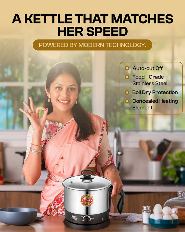 Moonstruck Multipurpose Electric Kettle – 1.5L Stainless Steel Multi Cooker for Boiling, Heating & Keeping Warm (Silver & Black)