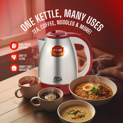Moonstruck 1.8L Stainless Steel Electric Kettle – Fast Boil, Auto Cut-Off, 1500W (Red, 1.8L)