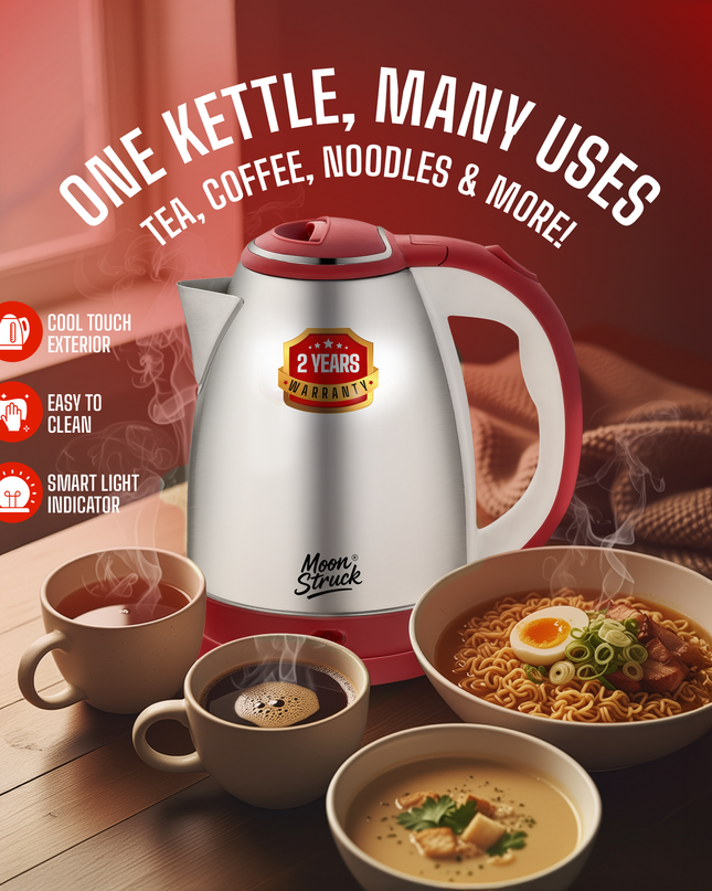 Moonstruck 1.8L Stainless Steel Electric Kettle – Fast Boil, Auto Cut-Off, 1500W (Red, 1.8L)