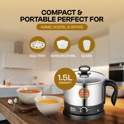 Moonstruck Multipurpose Electric Kettle – 1.5L Stainless Steel Multi Cooker for Boiling, Heating & Keeping Warm (Silver & Black)
