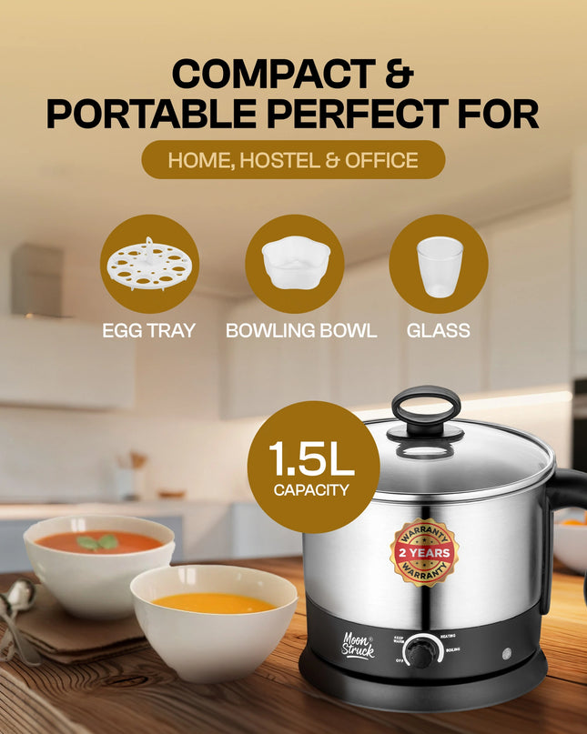 Moonstruck Multipurpose Electric Kettle – 1.5L Stainless Steel Multi Cooker for Boiling, Heating & Keeping Warm (Silver & Black)
