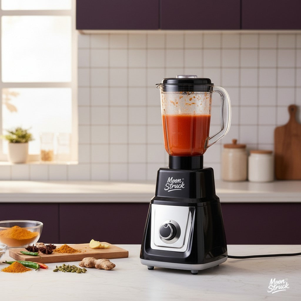 Moonstruck black 1000W juicer mixer grinder with 4 jars, featuring a 2L juicer jar with seed extractor and a LiveView chutney jar.