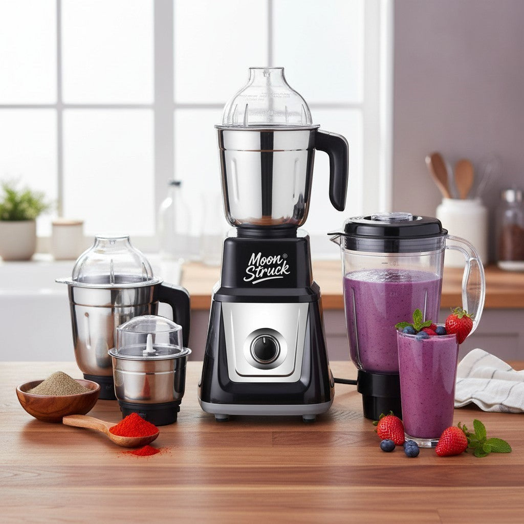 Moonstruck black 1000W juicer mixer grinder with 4 stainless steel jars and a smoothie in a glass.