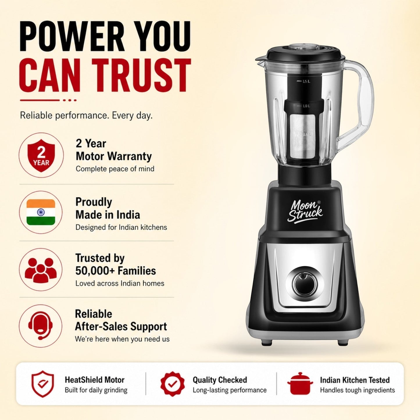 Moonstruck MegaMixer 1000W black juicer mixer grinder with 4 jars, featuring a 2L juicer jar with seed extractor and StealthDrive motor.