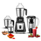 Moonstruck black 1000W juicer mixer grinder with 4 stainless steel jars, seed extractor, and a glass of strawberry juice.